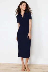 TRENDYOLMİLLA Navy Blue Maxi Polo Shirt Collar Dress - Image 2