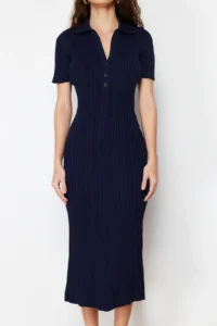 TRENDYOLMİLLA Navy Blue Maxi Polo Shirt Collar Dress - Image 5