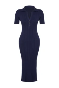 TRENDYOLMİLLA Navy Blue Maxi Polo Shirt Collar Dress - Image 7