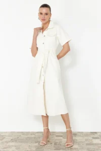 TRENDYOLMİLLA Ecru Skirt Tasseled Arched Maxi denim Dress - Image 2