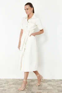 TRENDYOLMİLLA Ecru Skirt Tasseled Arched Maxi denim Dress - Image 3