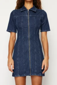 TRENDYOLMİLLA Dark Blue Zippered Fitted/Fitted Mini comfort/Flexible denim Dress - Image 5