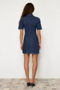 TRENDYOLMİLLA Dark Blue Zippered Fitted/Fitted Mini comfort/Flexible denim Dress - Image 6