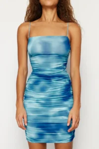 TRENDYOLMİLLA Mavi Abstract Patterned Ruffle/Drape Detailed Fitted Flexible Knitting Mini Pen Dress - Image 5