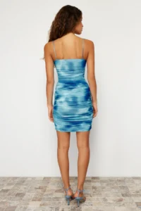 TRENDYOLMİLLA Mavi Abstract Patterned Ruffle/Drape Detailed Fitted Flexible Knitting Mini Pen Dress - Image 6