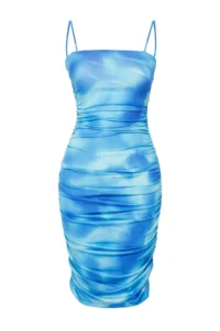 TRENDYOLMİLLA Mavi Abstract Patterned Ruffle/Drape Detailed Fitted Flexible Knitting Mini Pen Dress - Image 7