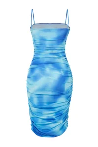 TRENDYOLMİLLA Mavi Abstract Patterned Ruffle/Drape Detailed Fitted Flexible Knitting Mini Pen Dress - Image 9