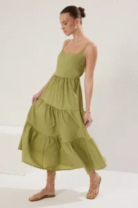 TRENDYOLMİLLA Oil Green Skirt Opened at Waist Cotton Blended Maxi Weaving Dress - Image 2