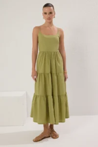 TRENDYOLMİLLA Oil Green Skirt Opened at Waist Cotton Blended Maxi Weaving Dress - Image 3