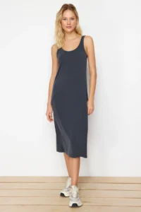 TRENDYOLMİLLA Anthracite More Sustainable Sleeveless Cowl Neck Modal Content shift/Plain Midi Knitting Dress