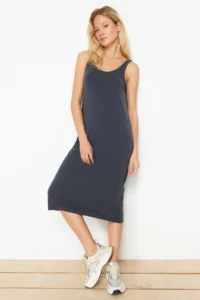 TRENDYOLMİLLA Anthracite More Sustainable Sleeveless Cowl Neck Modal Content shift/Plain Midi Knitting Dress - Image 3