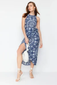 TRENDYOLMİLLA Mavi Shawl Patterned A-line Binding Detailed Midi Weaving Dress