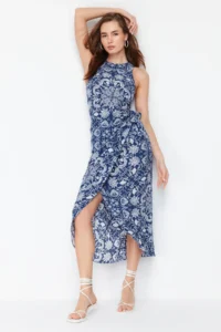 TRENDYOLMİLLA Mavi Shawl Patterned A-line Binding Detailed Midi Weaving Dress - Image 2