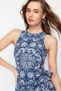 TRENDYOLMİLLA Mavi Shawl Patterned A-line Binding Detailed Midi Weaving Dress - Image 3