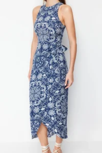TRENDYOLMİLLA Mavi Shawl Patterned A-line Binding Detailed Midi Weaving Dress - Image 5