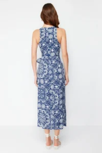 TRENDYOLMİLLA Mavi Shawl Patterned A-line Binding Detailed Midi Weaving Dress - Image 6