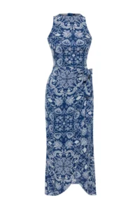 TRENDYOLMİLLA Mavi Shawl Patterned A-line Binding Detailed Midi Weaving Dress - Image 7
