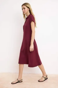 TRENDYOLMİLLA Burgundy Polo Shirt Collar skater/Waist Opening Cotton Flexible Knitting Midi Dress - Image 2