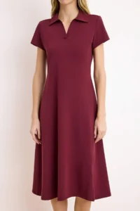 TRENDYOLMİLLA Burgundy Polo Shirt Collar skater/Waist Opening Cotton Flexible Knitting Midi Dress - Image 3