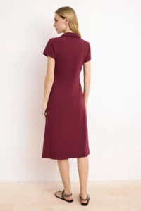 TRENDYOLMİLLA Burgundy Polo Shirt Collar skater/Waist Opening Cotton Flexible Knitting Midi Dress - Image 4