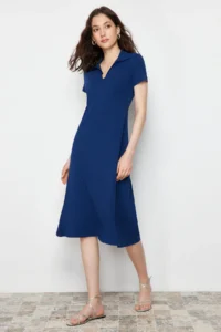 TRENDYOLMİLLA Navy Blue Polo Shirt Collar skater/Waist Opening Cotton Flexible Knitting Midi Dress