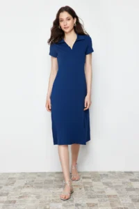 TRENDYOLMİLLA Navy Blue Polo Shirt Collar skater/Waist Opening Cotton Flexible Knitting Midi Dress - Image 2