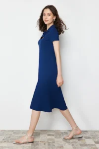 TRENDYOLMİLLA Navy Blue Polo Shirt Collar skater/Waist Opening Cotton Flexible Knitting Midi Dress - Image 3