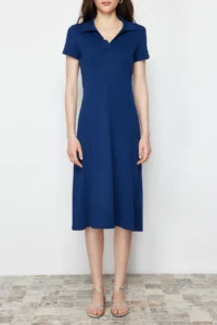 TRENDYOLMİLLA Navy Blue Polo Shirt Collar skater/Waist Opening Cotton Flexible Knitting Midi Dress - Image 4