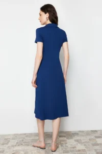 TRENDYOLMİLLA Navy Blue Polo Shirt Collar skater/Waist Opening Cotton Flexible Knitting Midi Dress - Image 5