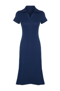 TRENDYOLMİLLA Navy Blue Polo Shirt Collar skater/Waist Opening Cotton Flexible Knitting Midi Dress - Image 7