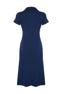 TRENDYOLMİLLA Navy Blue Polo Shirt Collar skater/Waist Opening Cotton Flexible Knitting Midi Dress - Image 8