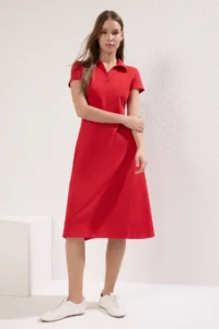 TRENDYOLMİLLA Rejection Polo Shirt Collar skater/Waist Opening Cotton Flexible Knitting Midi Dress - Image 2