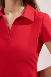 TRENDYOLMİLLA Rejection Polo Shirt Collar skater/Waist Opening Cotton Flexible Knitting Midi Dress - Image 3