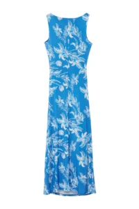 TRENDYOLMİLLA Mavi Floral Printed Shiny Surface Kayak Kaya Fitted Flexible Knitting Pen Dress - Image 7