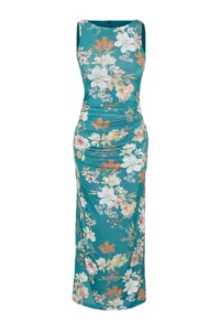 TRENDYOLMİLLA Green Floral Printed Shiny Surface Kayak Kaya Fitted Flexible Knitting Pen Dress - Image 7