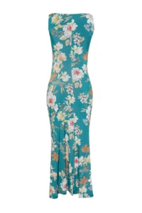 TRENDYOLMİLLA Green Floral Printed Shiny Surface Kayak Kaya Fitted Flexible Knitting Pen Dress - Image 8