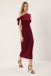 TRENDYOLMİLLA Burgundy Fitted Knitting Maxi Flexible Pen Dress
