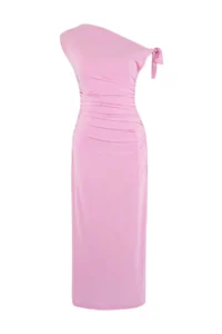 TRENDYOLMİLLA Limited Edition Pink Floral Printed Knitting Maxi Flexible Pen Dress
