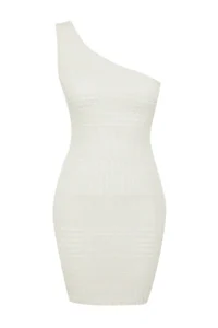 TRENDYOLMİLLA Ecru Knitwear look bodycone/Fitting Single Arm Mini Flexible Knitting Pen Dress - Image 7