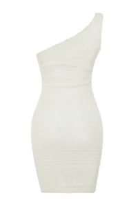 TRENDYOLMİLLA Ecru Knitwear look bodycone/Fitting Single Arm Mini Flexible Knitting Pen Dress - Image 8
