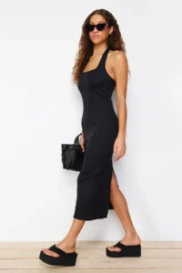 TRENDYOLMİLLA Black Fitted Square Neck Ribbed Flexible Knitting Maxi Pen Dress - Image 2