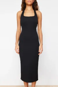 TRENDYOLMİLLA Black Fitted Square Neck Ribbed Flexible Knitting Maxi Pen Dress - Image 3