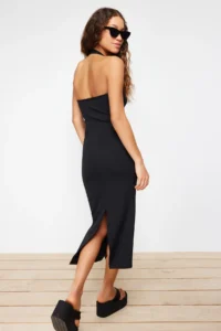 TRENDYOLMİLLA Black Fitted Square Neck Ribbed Flexible Knitting Maxi Pen Dress - Image 5