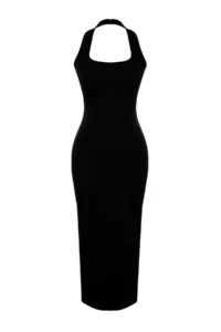 TRENDYOLMİLLA Black Fitted Square Neck Ribbed Flexible Knitting Maxi Pen Dress - Image 7