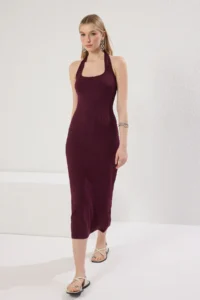 TRENDYOLMİLLA Plum Fitted Square Neck Ribbed Flexible Knitting Maxi Pen Dress