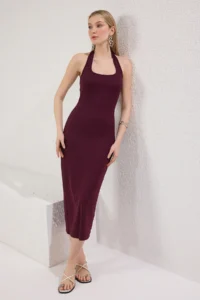 TRENDYOLMİLLA Plum Fitted Square Neck Ribbed Flexible Knitting Maxi Pen Dress - Image 2