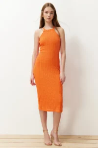 TRENDYOLMİLLA Orange Knitwear look shift/Plain Kesim Barbell Collar Midi Flexible Knitting Pen Dress - Image 2