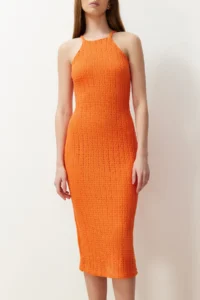 TRENDYOLMİLLA Orange Knitwear look shift/Plain Kesim Barbell Collar Midi Flexible Knitting Pen Dress - Image 5