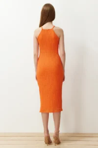 TRENDYOLMİLLA Orange Knitwear look shift/Plain Kesim Barbell Collar Midi Flexible Knitting Pen Dress - Image 6