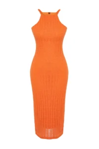 TRENDYOLMİLLA Orange Knitwear look shift/Plain Kesim Barbell Collar Midi Flexible Knitting Pen Dress - Image 7